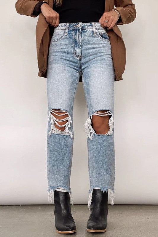 Ripped High-Waisted Straight Leg Pants