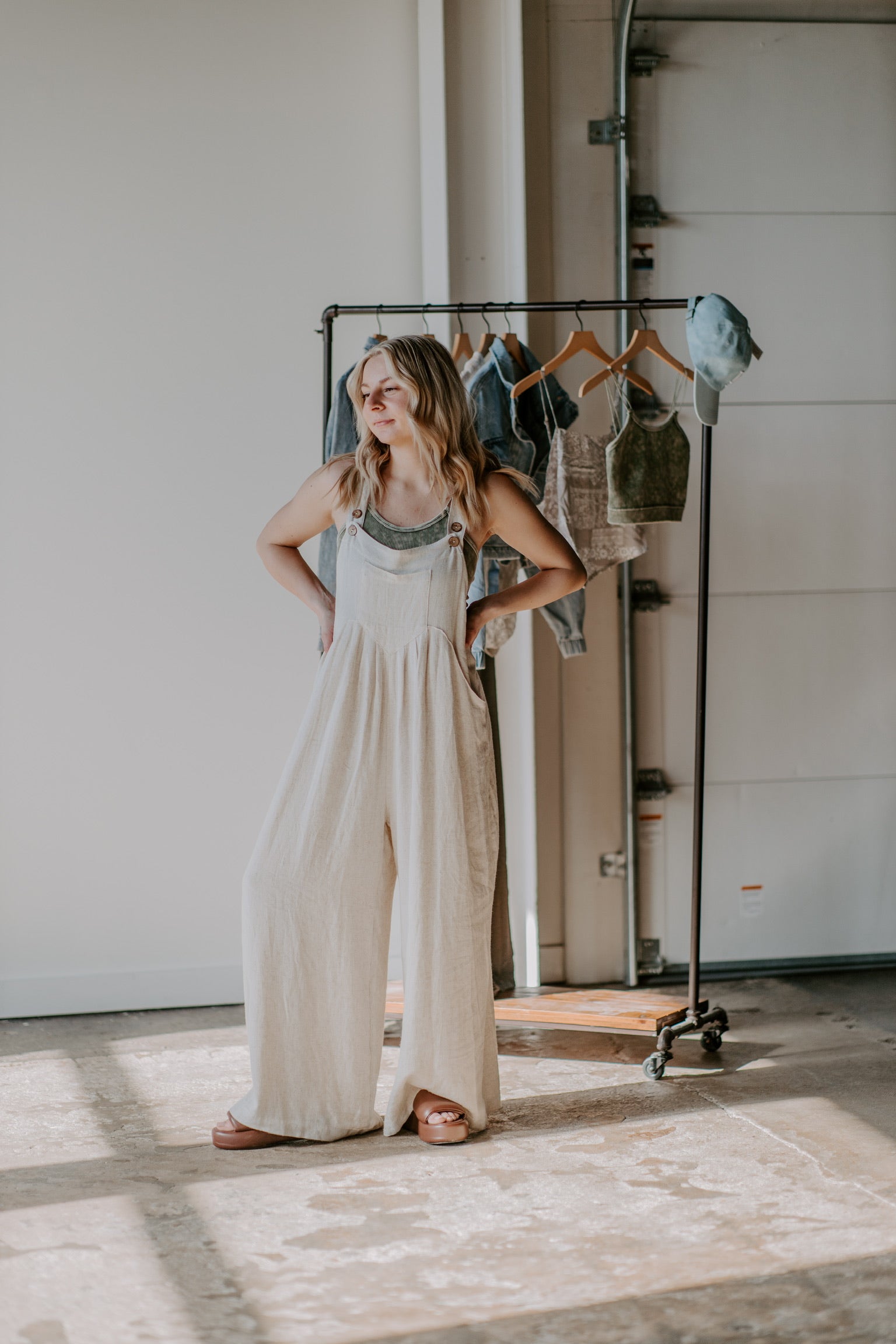 Linen wide leg overall jumpsuit